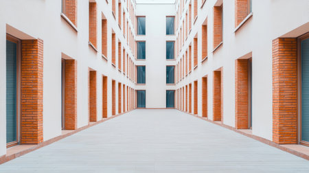 A modern architectural corridor with wooden accents, showcasing symmetry and clean lines in a minimalistic design.の素材