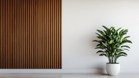 A modern interior featuring a potted plant beside a textured wooden wall and a smooth white surface, creating a minimalist aesthetic.の素材