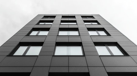 A modern, black building with rectangular windows, viewed from below, against a cloudy sky, showcasing minimalist architectural design.の素材