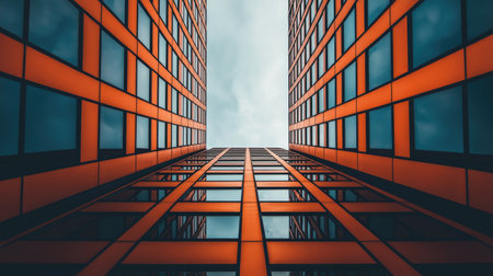 A striking perspective of two modern skyscrapers framed by reflective glass, showcasing vibrant orange accents against a cloudy sky.の素材