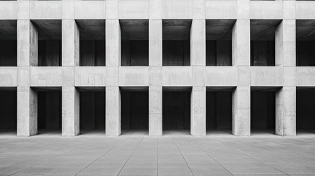A minimalist concrete structure features a grid of columns and dark openings, emphasizing symmetry and modern architecture.の素材
