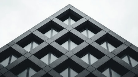 A modern building's geometric facade features a distinctive diamond pattern, emphasizing symmetry and contemporary architecture against a cloudy sky.の素材