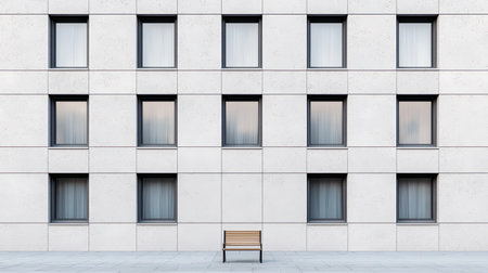 A minimalist facade featuring a series of windows and a solitary wooden bench, emphasizing simplicity and modern design.の素材