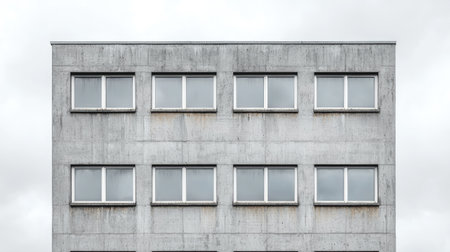 A minimalist concrete building facade with rows of windows against a cloudy sky, showcasing modern architectural design.の素材