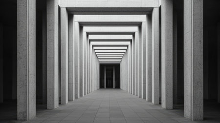 A monochrome architectural corridor featuring a series of tall, uniform columns leading towards a dark entrance, creating a sense of depth and perspective.の素材