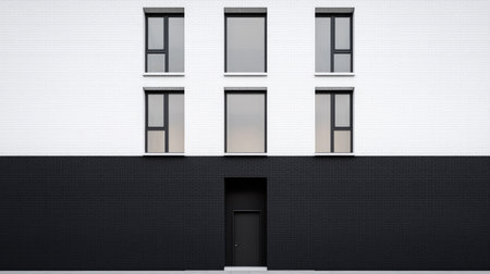 A modern building facade split between white and black, featuring windows and a central door, showcasing minimalist architectural design.の素材