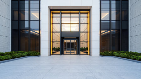 A modern glass entrance to a building, framed by sleek architecture and surrounded by greenery, showcasing minimalist design and inviting ambiance.の素材