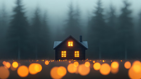 A cozy cabin illuminated by warm lights amidst a foggy forest, surrounded by glowing orbs, creating a magical, serene atmosphere.の素材