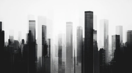 A monochrome cityscape featuring tall, abstract skyscrapers emerging from a misty atmosphere, creating a moody and ethereal urban scene.の素材