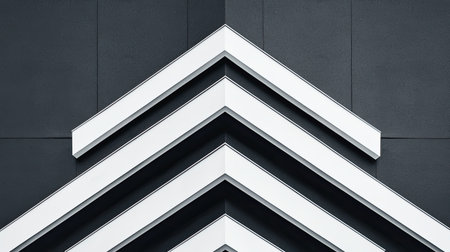 A close-up of a geometric design featuring overlapping chevron shapes in white and black, creating a modern architectural aesthetic.の素材