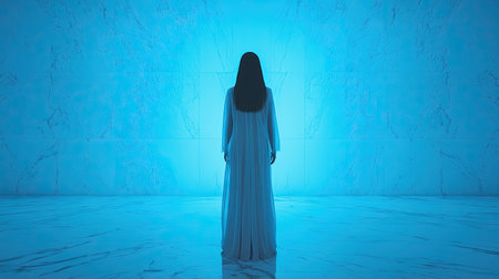A figure in a flowing white dress stands alone in a serene blue-lit environment, creating an ethereal and contemplative atmosphere.の素材