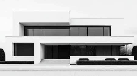 A sleek, modernist house with large glass windows and a minimalist design set against a stark white background.の素材