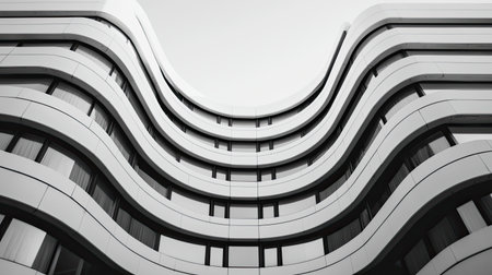 A modern building featuring smooth, wavy architectural lines and large windows, capturing a minimalist aesthetic in monochrome.の素材