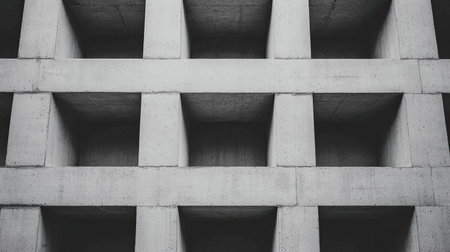 A textured concrete wall with a grid pattern, showcasing deep recesses and a minimalist aesthetic.の素材