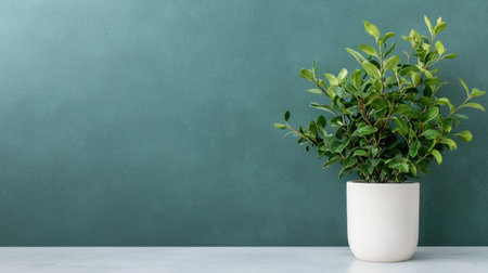 A small green plant in a white pot sits on a light surface against a textured teal wall, creating a fresh and serene atmosphere.の素材