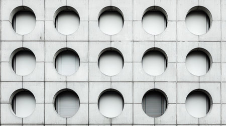 A modern building facade featuring a grid of circular openings, showcasing minimalistic design and architectural symmetry.の素材