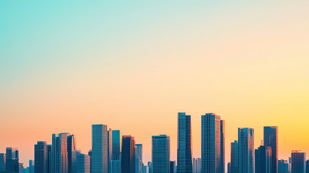 A skyline view at sunset, showcasing modern skyscrapers against a gradient sky of orange and blue hues.の素材