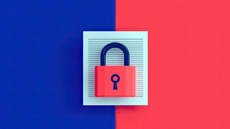 A colorful graphic featuring a red padlock on a blue and red background, symbolizing security and protection.の素材