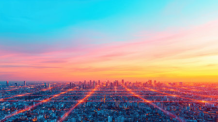 A breathtaking sunset over a city skyline, showcasing vibrant colors of orange, pink, and blue blending beautifully in the sky.の素材