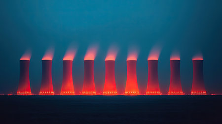 A row of cooling towers emits steam against a dark, atmospheric background, creating a striking visual contrast with illuminated structures.の素材