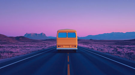 A vibrant sunset with a retro van on an open road, surrounded by mountains and desert landscape, evoking a sense of adventure and freedom.の素材