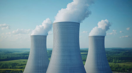 Three cooling towers emit steam against a blue sky, surrounded by greenery, representing a nuclear power plant's operations and energy production.の素材