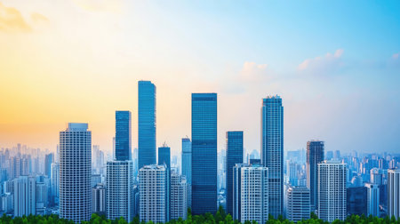 A vibrant city skyline at sunrise, showcasing modern skyscrapers against a clear blue sky, symbolizing urban growth and innovation.の素材