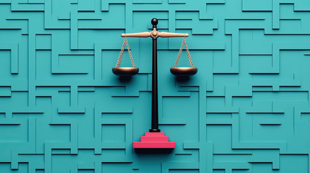 A balanced scale on a vibrant teal backdrop, symbolizing justice and fairness in legal matters.の素材