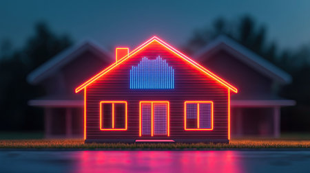 A brightly lit house in neon colors stands out against a blurred background, showcasing modern design and vibrant energy.の素材