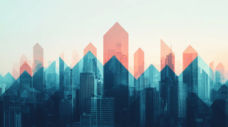 A vibrant, abstract depiction of a city skyline featuring layered geometric shapes and a gradient color scheme.の素材