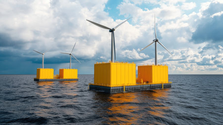 A futuristic offshore wind farm with yellow platforms and turbines harnessing renewable energy in a serene ocean setting under a cloudy sky.の素材