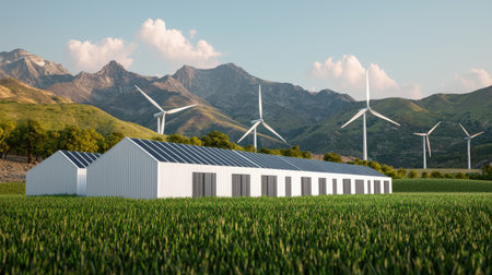 A serene landscape featuring greenhouses with solar panels, surrounded by lush fields and wind turbines, set against majestic mountains under a clear sky.の素材