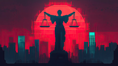 A striking silhouette of a figure holding scales against a vibrant red and black city skyline, symbolizing justice and law.の素材