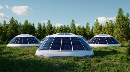 Futuristic solar-powered domes surrounded by lush greenery under a clear blue sky, showcasing sustainable energy solutions.の素材