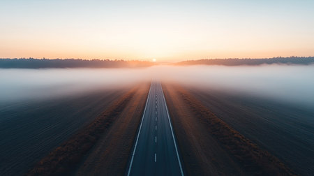A serene, foggy road stretches into the horizon, illuminated by a rising sun, creating a peaceful and atmospheric landscape.の素材