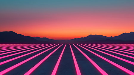 A vibrant sunset landscape features bold pink lines stretching across a serene horizon, with mountains silhouetted against the colorful sky.の素材