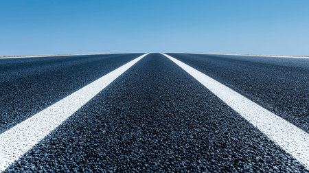 A straight road stretches into the distance under a clear blue sky, emphasizing a sense of journey and openness.の素材
