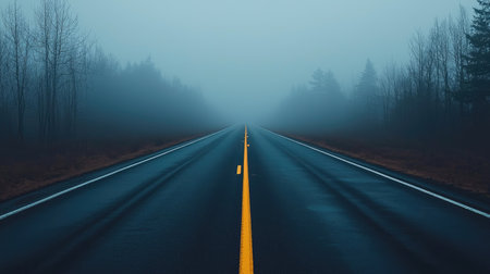 A foggy road stretches into the distance, flanked by bare trees, evoking a sense of mystery and solitude.の素材