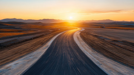 A winding road stretches through a serene landscape, illuminated by a vibrant sunset, creating a picturesque view of nature's beauty.の素材