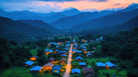 A serene mountain village at twilight, with illuminated homes lining a winding road, surrounded by lush greenery and distant hills.の素材