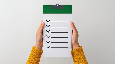 A person holds a clipboard with a checklist, symbolizing organization, tasks, and productivity in a professional or personal setting.の素材