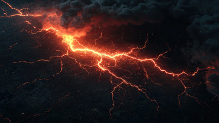 A dramatic view of glowing lava cracks against a dark, clouded sky, showcasing the power of volcanic activity.の素材