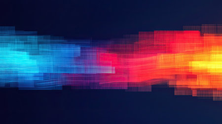 A vivid, abstract digital artwork featuring vibrant streaks of blue, red, and orange against a dark background, creating a sense of motion and energy.の素材