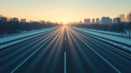 A serene winter highway stretches towards the horizon, illuminated by a sunrise, with silhouettes of buildings in the distance.の素材