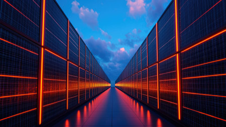 A futuristic pathway illuminated by glowing orange lines, flanked by dark panels under a vibrant sky, creating a mesmerizing visual effect.の素材