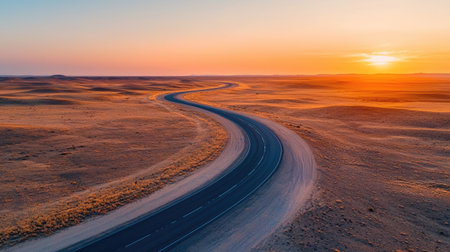 A winding road stretches through a vast desert landscape, illuminated by a vibrant sunset, showcasing the beauty of nature's tranquility.の素材
