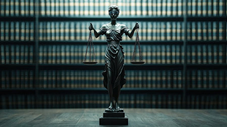 A statue of Lady Justice holding scales, set against shelves of law books, symbolizing fairness and the legal system.の素材