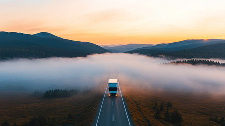 A serene landscape featuring a truck driving on a road through fog, flanked by mountains at sunrise.の素材
