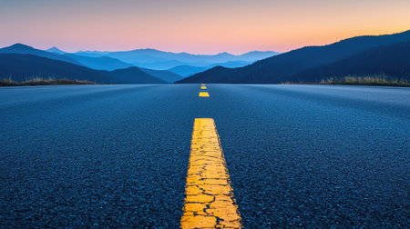 A serene highway stretches toward distant mountains under a colorful sunset, inviting adventure and exploration.の素材