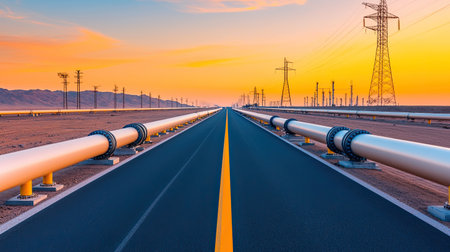 A serene landscape featuring a straight road flanked by large pipes, under a vibrant sunset sky with power lines in the background.の素材